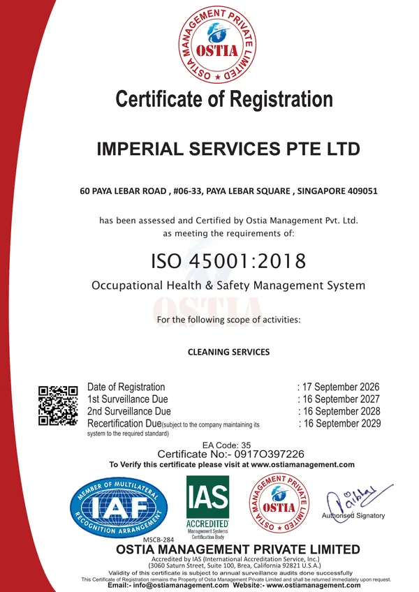 ISO 45001:2018 occupational health and safety certificate of registration for Imperial Services Pte Ltd