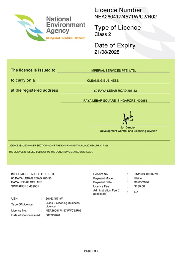 NEA Class 2 cleaning business licence NEA260417/4571W/C2/R02 issued to Imperial Services Pte Ltd